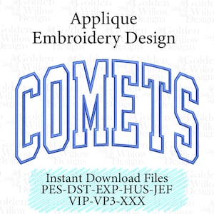 May include: An embroidery design featuring the word "COMETS" in a blue, arched, collegiate-style font. The design is labeled "Applique Embroidery Design" and includes file type information.