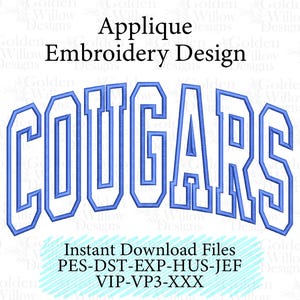 May include: Blue embroidered design with the word "COUGARS" in a stylized font. The design is labeled "Applique Embroidery Design" and includes the text "Instant Download Files".