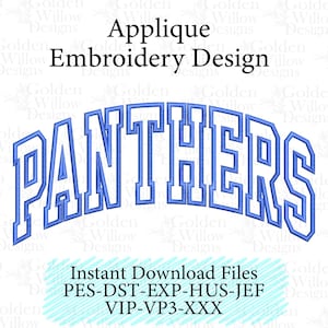 May include: Blue embroidered design of the word "PANTHERS" in a curved, collegiate-style font. The design is labeled "Applique Embroidery Design" and includes file type information for instant download.