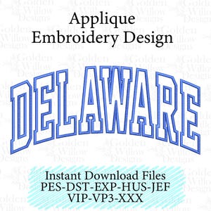 May include: Blue embroidery design featuring the word "DELAWARE" in a curved, collegiate-style font. The design is labeled "Applique Embroidery Design" and includes file type information for instant download.