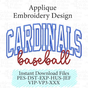 May include: Blue and red Cardinals baseball embroidery design. The word "CARDINALS" is arched in blue, outlined in white. The word "baseball" is in red script below. The design is for instant download.