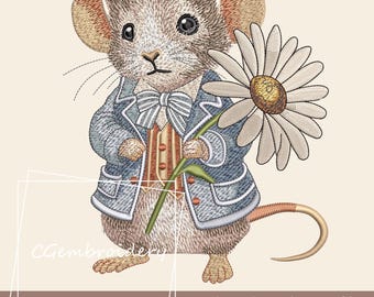 Spring Mouse Embroidery File, Cute Mouse Daisy Flower Embroidery File, Mouse with Flower Machine Embroidery Pattern, Mouse Instant Download