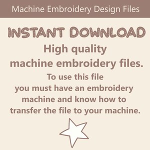 Pu&ograve; includere: Grafica beige con il testo "Machine Embroidery Design Files" in alto. Le parole "INSTANT DOWNLOAD" sono in un carattere decorativo. Il testo descrive file di ricamo a macchina di alta qualit&agrave; e istruzioni per l'uso.