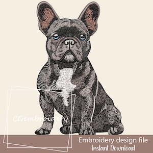 Può includere: Disegno ricamato di un Bulldog Francese nero seduto con occhi blu. Il design è adatto per progetti di ricamo.