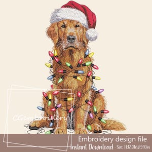 May include: An embroidery design file featuring a Golden Retriever wearing a Santa hat and Christmas lights. The dog is sitting, with colorful lights wrapped around its body. The text "Embroidery design file" and "Instant Download" are also present.