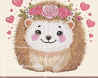 Valentine Hedgehog Embroidery File, Happy Flower Hedgehog Embroidery Design Forest Animals Machine Embroidery Pattern Baby Hedgehog Mom Gift