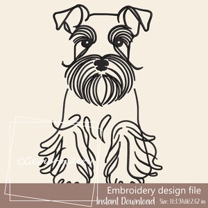 Könnte beinhalten: Schwarz-Weiß-Strichzeichnung eines Schnauzer-Hundes mit detaillierten Gesichtszügen und Körperumrissen. Das Bild enthält den Text "Embroidery design file" und "Instant Download - Größe: H:10.08cm x B:6.65cm". Der Hund sitzt vor beigem Hintergrund.