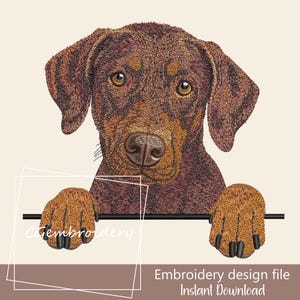 May include: An embroidery design file showing a brown dog with detailed fur and large eyes. The dog's paws are on a black bar, with the text "Embroidery design file Instant Download" visible.