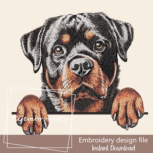 May include: Embroidery design file of a Rottweiler dog peeking over a surface with its paws in the air. The dog has black and brown fur and a serious expression.