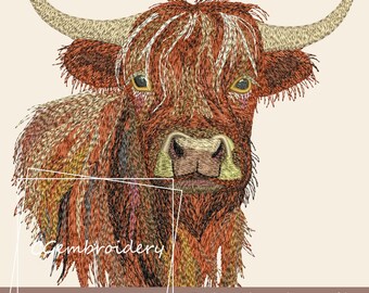 May include: Embroidered design of a Highland cow with brown and white fur, looking directly at the viewer. The design is perfect for embroidery projects.