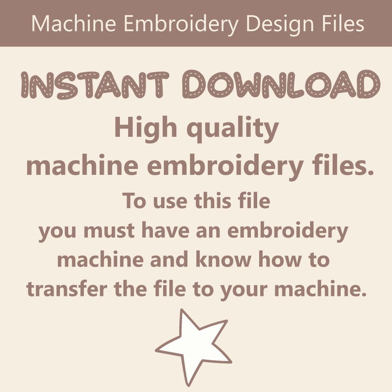 以下が含まれることがあります： 高品質なミシン刺繍ファイルのデジタルダウンロード。テキスト「INSTANT DOWNLOAD」は、破線効果のあるスタイリッシュなフォントで表示されています。画像の下部に白い星があります。