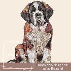 May include: Embroidered design of a brown and white Saint Bernard dog sitting with its paws crossed. The dog has a black nose and brown eyes. The design is perfect for embroidery projects.