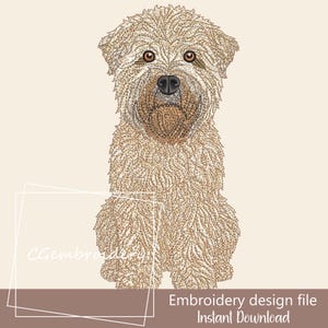 May include: An embroidery design file featuring a detailed illustration of a seated dog with a fluffy, light brown coat. The dog has dark brown eyes and a black nose. The text "Embroidery design file Instant Download" is at the bottom.