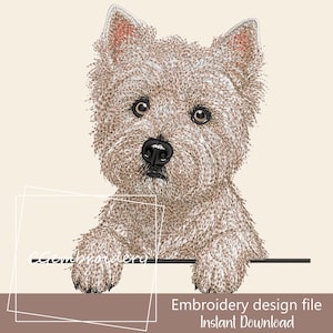Könnte beinhalten: Gesticktes Bild eines West Highland White Terrier Hundes mit flauschigem, hellbraunem Fell. Der Hund schaut über eine schwarze Linie, mit dem Text "Embroidery design file Instant Download" unten. Der Hund hat eine schwarze Nase und braune Augen.