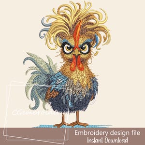 May include: Embroidered design of a rooster with a colorful, messy, and curly hairstyle. The rooster has a red comb and wattle, blue and yellow feathers, and a serious expression.