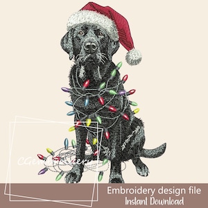 May include: Black Labrador Retriever wearing a red Santa hat and tangled in colorful Christmas lights.  Embroidery design file. Instant Download.
