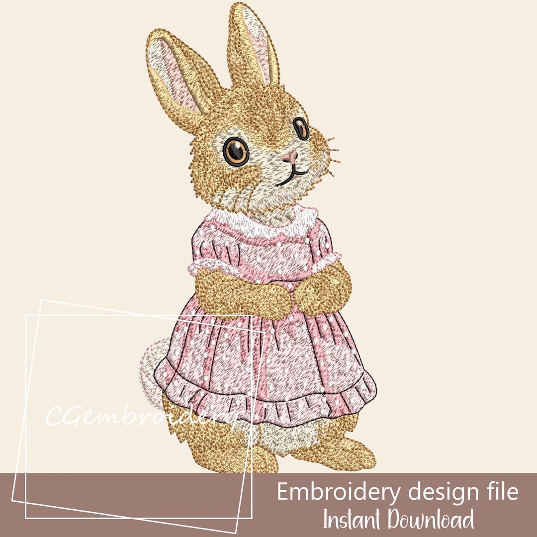 Spring Girl Rabbit Embroidery File, Pink Dress Rabbit Embroidery File ...