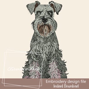 Pode incluir: Arquivo de design de bordado, Download instantâneo. Um cão schnauzer miniatura cinza e branco sentado com as patas dianteiras cruzadas.