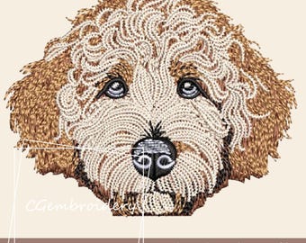 Puede incluir: Archivo de diseño de bordado de la cara de un perro marrón y blanco. El diseño mide 2,33 pulgadas de alto y 2,95 pulgadas de ancho.