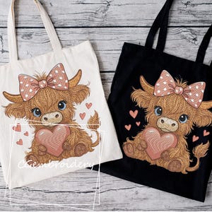 Cute Highland Cow Embroidery File Cow Holding Heart Pink Coquette Bow Embroidery Pattern Scottish Highland Longhaired Cow Machine Embroidery