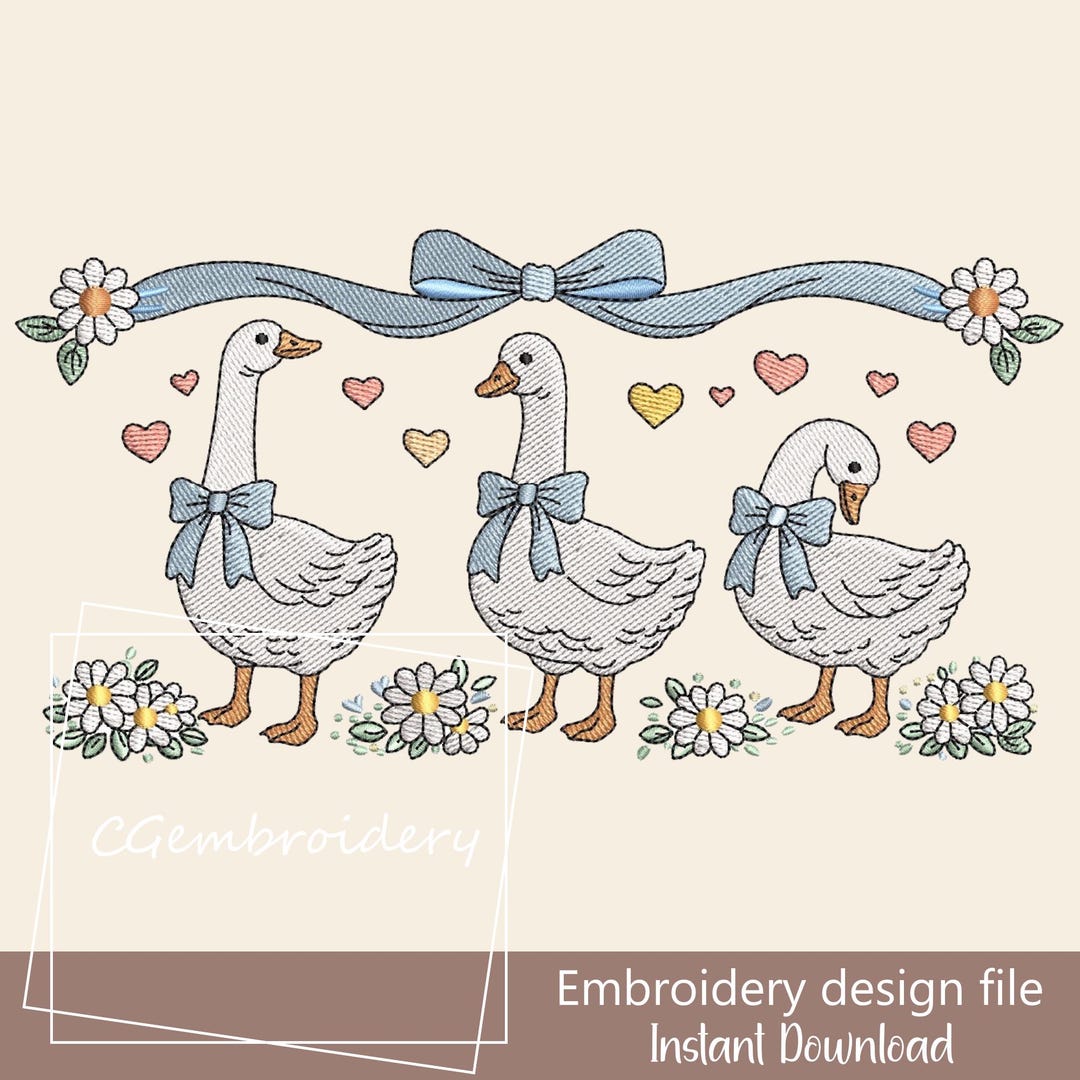Vintage Blue Ribbon Goose Embroidery File, Trendy Retro Geese ...