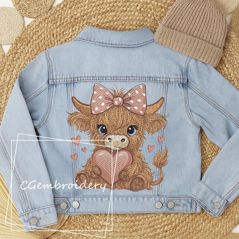 Cute Highland Cow Embroidery File Cow Holding Heart Pink Coquette Bow Embroidery Pattern Scottish Highland Longhaired Cow Machine Embroidery