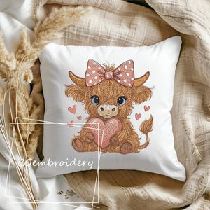 Cute Highland Cow Embroidery File Cow Holding Heart Pink Coquette Bow Embroidery Pattern Scottish Highland Longhaired Cow Machine Embroidery