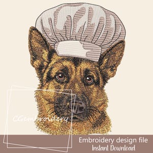 May include: An embroidery design file featuring a German Shepherd wearing a chef's hat. The dog's fur is detailed with shades of brown and black. The text "CGEmbroidery" is in the lower left corner, and "Embroidery design file Instant Download" is in the lower right.