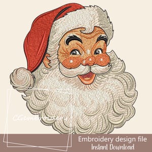 May include: An embroidered design of Santa Claus's face, with a red hat, white beard, and a smiling expression. The design includes the text "Embroidery design file Instant Download".