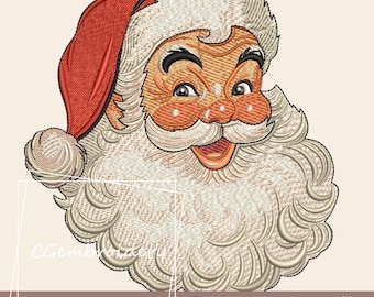 May include: A detailed embroidery design of Santa Claus's face, featuring a red hat, a white beard, and a smiling expression. The design includes the text "Embroidery design file Instant Download".