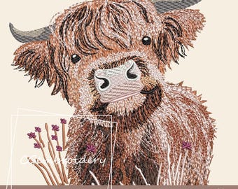 Funny Highland Cow Embroidery File, Farm Animals Embroidery File, Scottish Highland Longhaired Cow Machine Embroidery Pattern Cute Funny Cow
