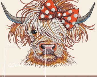 Funny Highland Cow Embroidery File, Farm Animals Embroidery File, Scottish Highland Longhaired Cow Machine Embroidery Pattern Cute Funny Cow