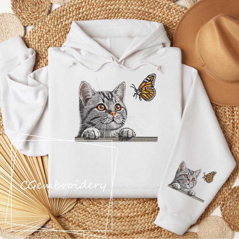 Cat Embroidery Design, Cat and Butterfly Embroidery, Cat Peeking Cat Lover Gift, Funny Cat Mom Machine Embroidery Pattern, Cute Cat Kitten