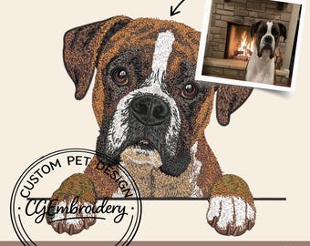 May include: An embroidered Boxer dog design with brown, white, and black details. The dog is peeking over a white surface, with a small photo pinned above. The text reads "Custom Pet Design" and "CGembroidery". Below, the text says "Embroidery design file Custom Order".