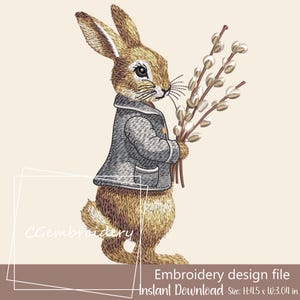 May include: Embroidered design of a brown rabbit wearing a grey jacket and holding a bouquet of white pussy willow branches. The design is 4.5 inches tall and 3.04 inches wide.