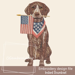 May include: An embroidered design of a brown dog wearing a patriotic bandana and holding a small American flag in its mouth. The flag features red and white stripes and a blue field with white stars. Text at the bottom reads "Embroidery design file Instant Download."