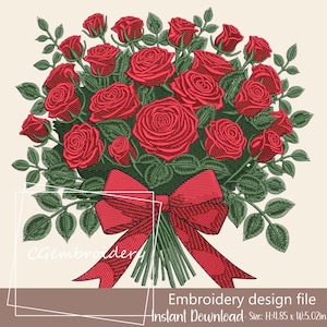 Rote Rosen Stickdatei, Blumen Stickdatei, Botanisches, Boho Blumen Maschinenstickmuster Coquet Roses Blumenstrauß Stickerei