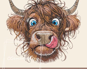 May include: An embroidery design file featuring a whimsical Highland cow with brown fur, blue eyes, and a pink tongue. The design includes the text "Embroidery design file Instant Download".