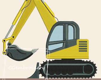 Puede incluir: Diseño bordado de una excavadora amarilla con una cuchara y orugas negras. El diseño es para una máquina de bordar y está disponible para descarga instantánea.