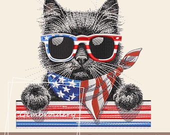 Patriotic 4th of July Black Cat Embroidery Design for Machine Embroidery with American Flag, Black Cat Design, Independence Day, 4th of July
