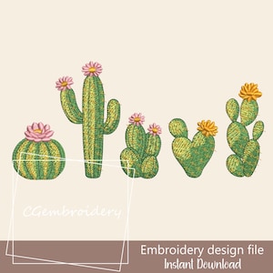 Puede incluir: Un archivo de diseño de bordado con cinco diseños de cactus diferentes. Los cactus son verdes con flores amarillas y rosas. El texto "CGembroidery" está en la esquina inferior izquierda, y "Embroidery design file Instant Download" está en la esquina inferior derecha.