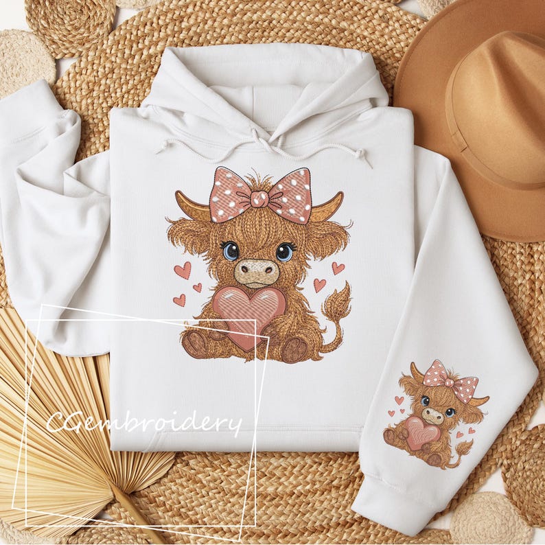 Cute Highland Cow Embroidery File Cow Holding Heart Pink Coquette Bow Embroidery Pattern Scottish Highland Longhaired Cow Machine Embroidery