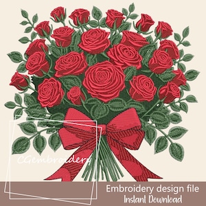 Rote Rosen Stickdatei, Blumen Stickdatei, Botanisches, Boho Blumen Maschinenstickmuster Coquet Roses Blumenstrauß Stickerei