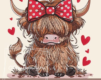Cute Highland Cow Embroidery File, Farm Animals Embroidery File, Baby Highland Longhaired Cow Machine Embroidery Pattern, Valentine Baby Cow