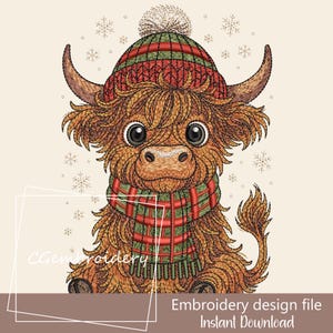 May include: An embroidered image of a Highland cow wearing a red and green striped hat and scarf. The cow has large eyes and is surrounded by snowflakes. Text at the bottom reads "Embroidery design file Instant Download".