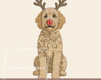 クリスマス・ゴールデンドゥードルの刺繍デザイン、クリスマス・トナカイのゴールデンドゥードルの刺繍ファイル、メリークリスマス・ドゥードルの機械刺繍