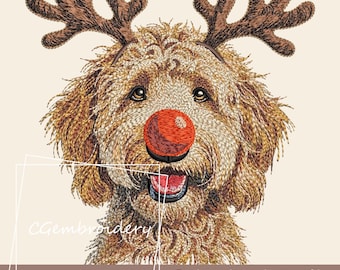 クリスマス・ゴールデンドゥードルの刺繍デザイン、クリスマス・トナカイのゴールデンドゥードルの刺繍ファイル、メリークリスマス・ドゥードルの機械刺繍