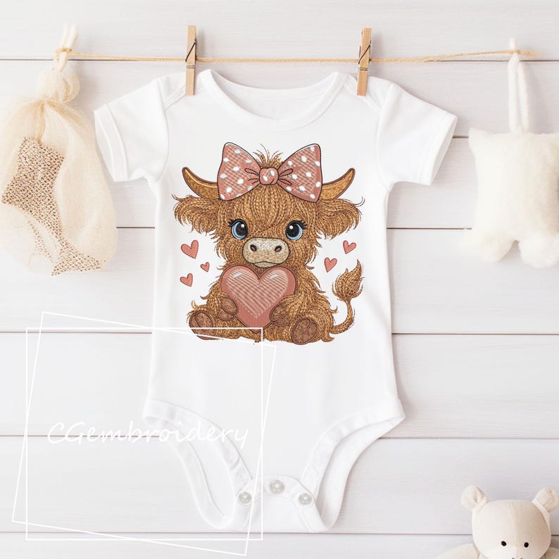 Cute Highland Cow Embroidery File Cow Holding Heart Pink Coquette Bow Embroidery Pattern Scottish Highland Longhaired Cow Machine Embroidery
