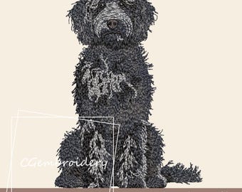 May include: Embroidered design of a black and white doodle dog sitting with its paw raised. The design is 3.90 inches tall and 2.92 inches wide. The design is for embroidery and is an instant download.