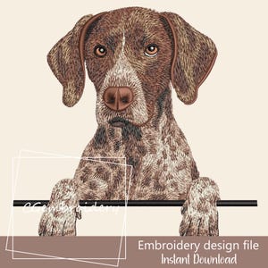 May include: An embroidered design of a German Shorthaired Pointer dog, with brown and white fur, and the text "Embroidery design file Instant Download". The dog is shown from the chest up, with its paws resting on a black bar.